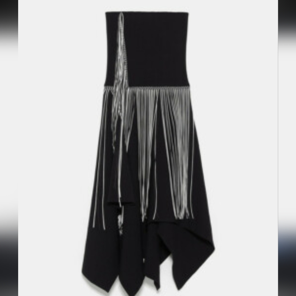 ZARA Black White Fringed AsymmetricTight Knit Viscose Pull On Midi Skirt Sz M